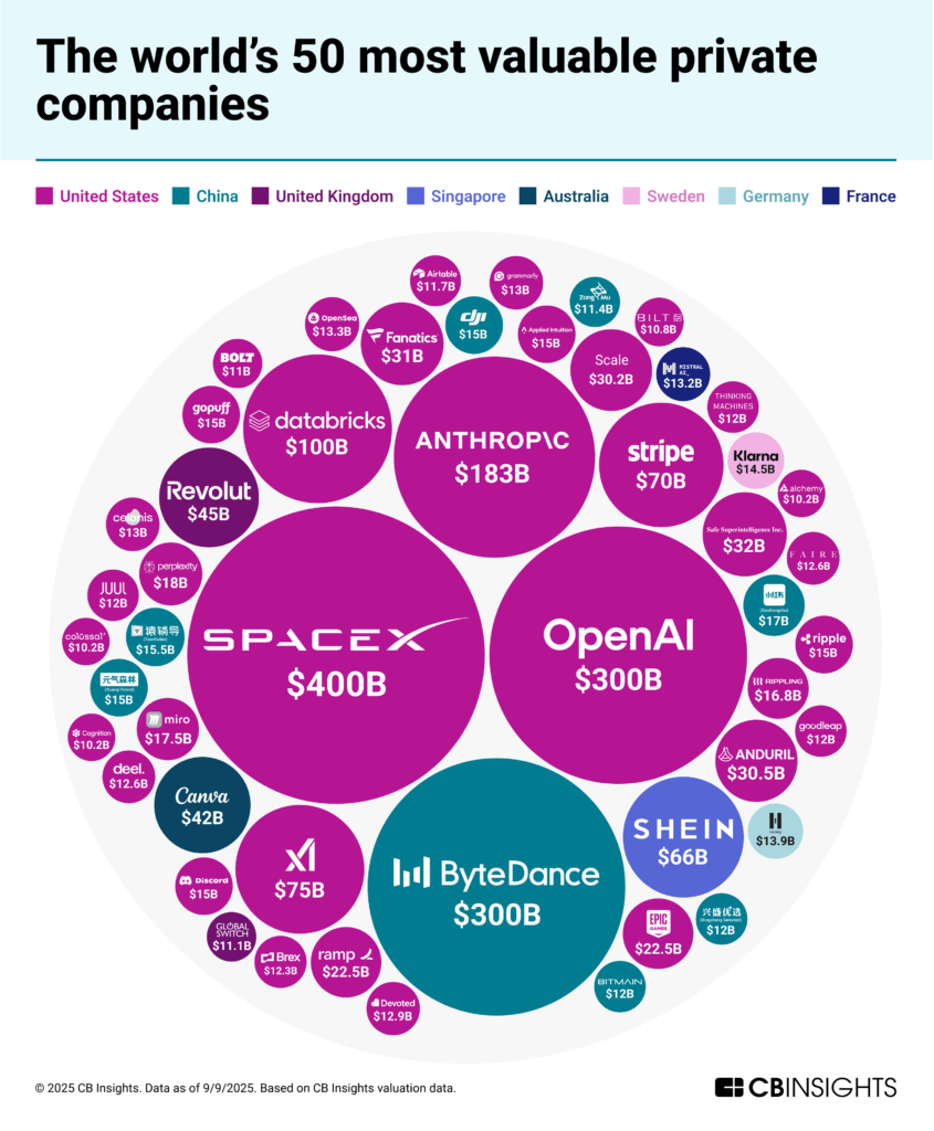 The world's 50 most valuable private companies bubble chart